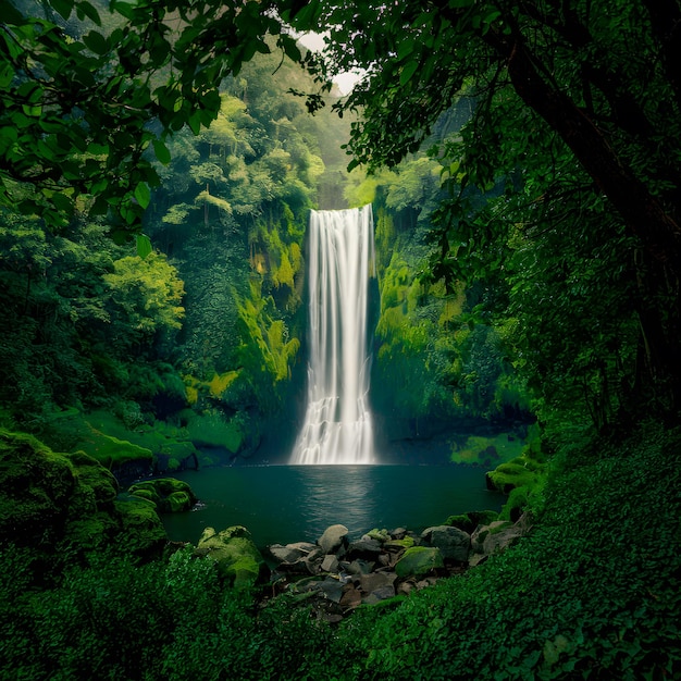 Foto spectaculaire waterval omringd door groen gebladerte in een diep bos voor social media post size