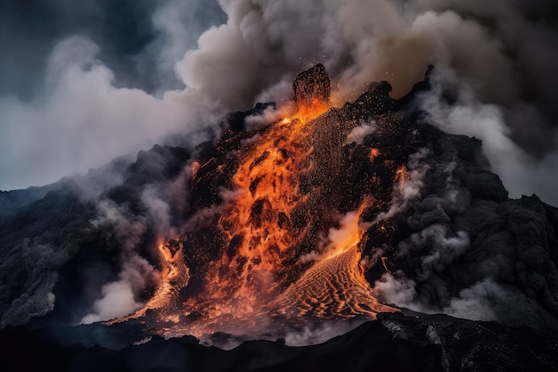 Spectaculaire weergave van lava die langs de zijkant van de vulkaan naar beneden stroomt met rook die uit de krater opstijgt