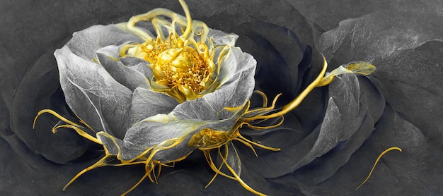 Spectacular abstract black and gold painting flower Digital art 3D illustration