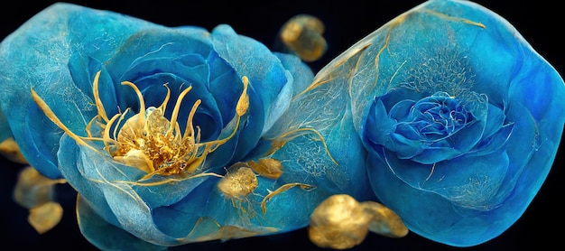 Впечатляющая абстрактная синяя и золотая живопись цветок Цифровое искусство 3D иллюстрация