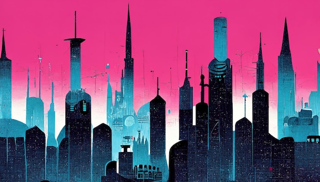 Spectacular abstract city contrast of pink and blue Digital art 3D illustration