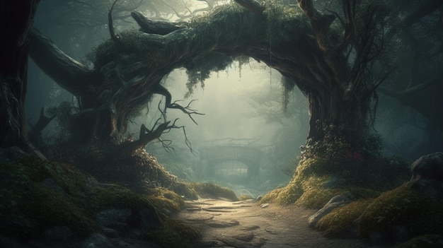 ファンタジーのおとぎ話の森の真ん中にある蔓で覆われた壮大なアーチ道 AI ジェネレーティブ