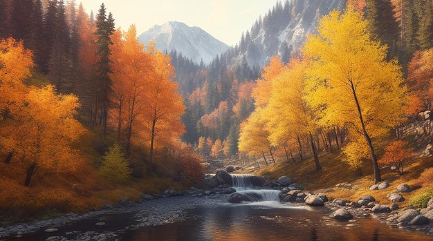 Spectacular autumn forest mountain and creek scene digital art 3d illustration