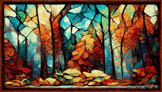 Spectacular autumnal forest abstract in mosaic Digital art 3D illustration