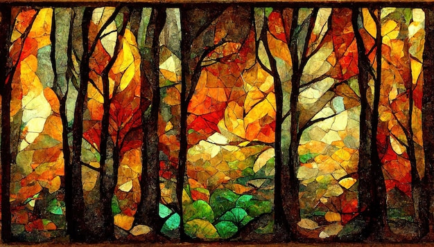 Spectacular autumnal forest abstract in mosaic digital art 3d\
illustration