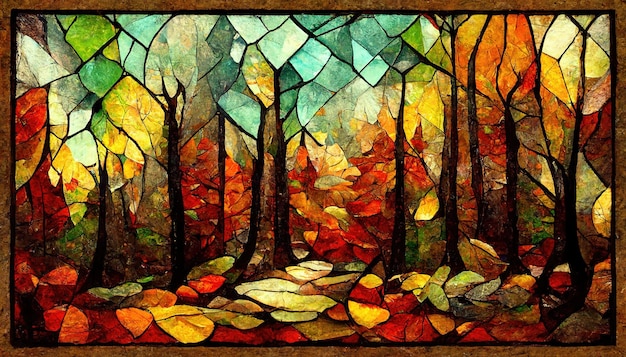 Spectacular autumnal forest abstract in mosaic digital art 3d\
illustration