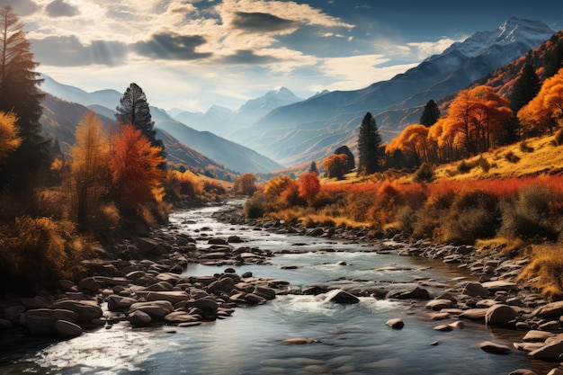 Spectacular autumnal forest panorama with a mountain range in the distance bright orange leaves