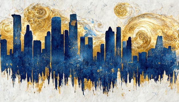 Spectacular blue and golden abstract cityscape Digital art 3D illustration