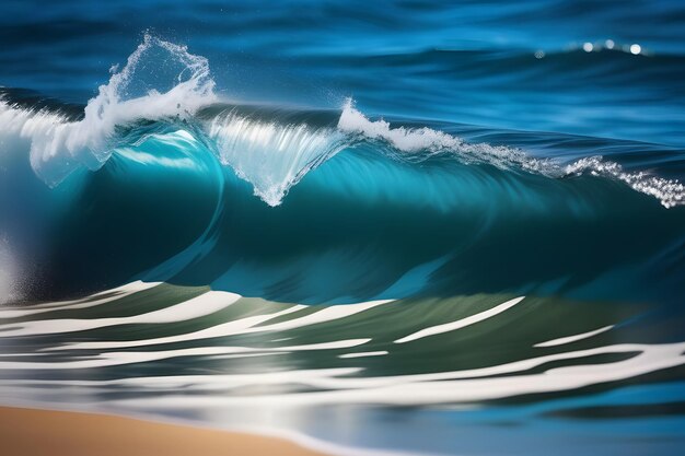 Фото spectacular blue ocean wave crashing on beautiful sandy beach with white foamy surf