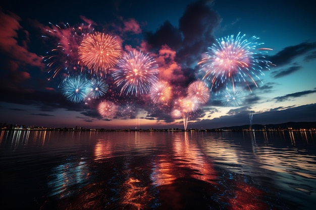 Spectacular blue white and red fireworks lighting up the nighttime river