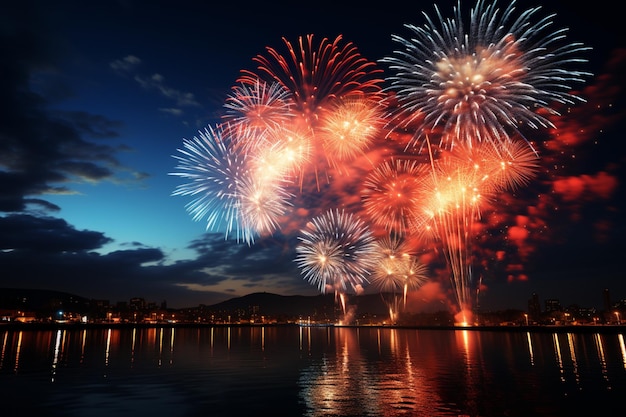 夜の川を照らす壮観な青白と赤の花火