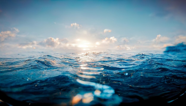 Фото Захватывающий спокойный восход солнца в океане, отражающийся в воде 3d-иллюстрация цифрового искусства