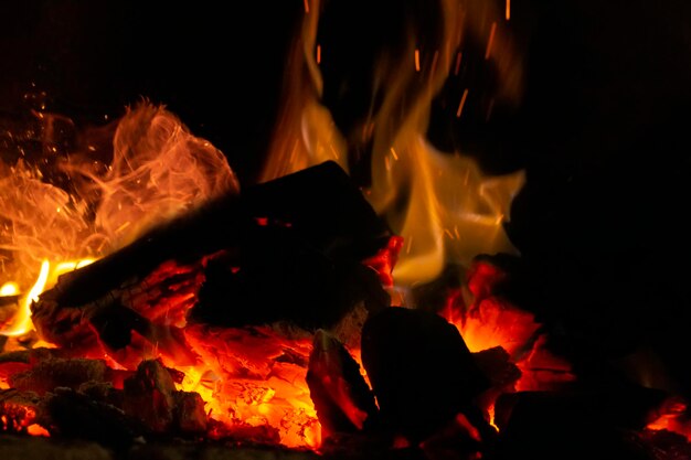 모닥불에 불타는 불씨의 장엄한 근접 촬영