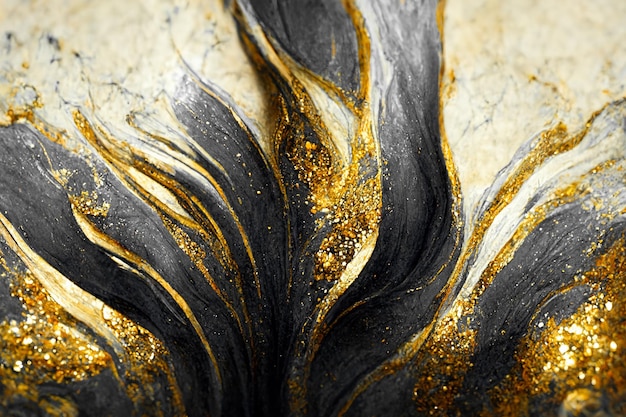 Spectacular dark black and gold ink swirled around Digital art 3D illustration
