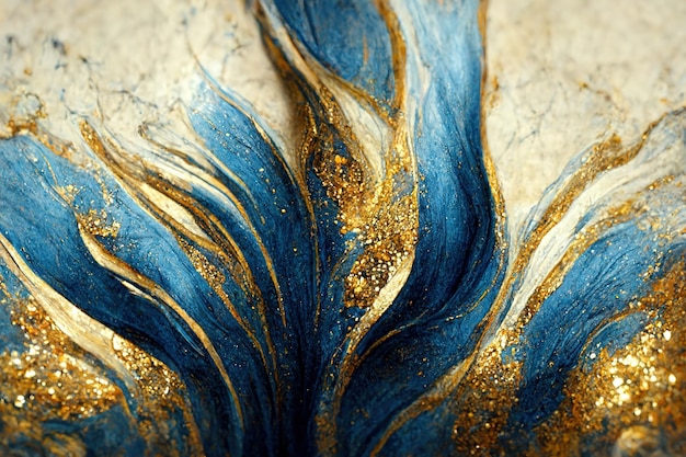 Spectacular dark blue and gold ink swirled around Digital art 3D illustration