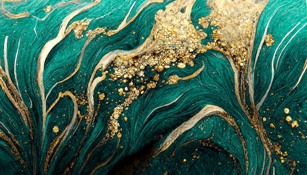 Spectacular dark teal and gold ink swirled around Digital art 3D illustration