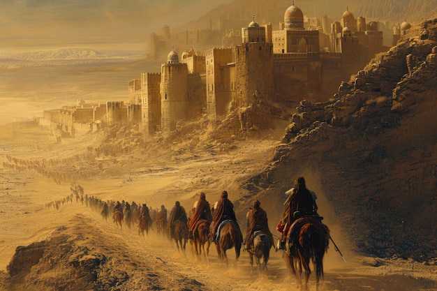 고대 도시에 모인 아름다운 사막의 오아시스 베두인족