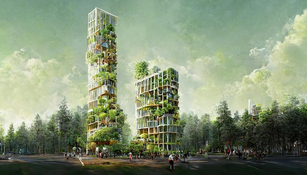 Spectacular digital art 3D illustration eco futuristic city abundant in trees