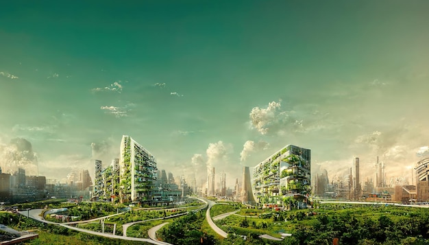 Spectacular digital art 3D illustration eco futuristic city abundant in trees