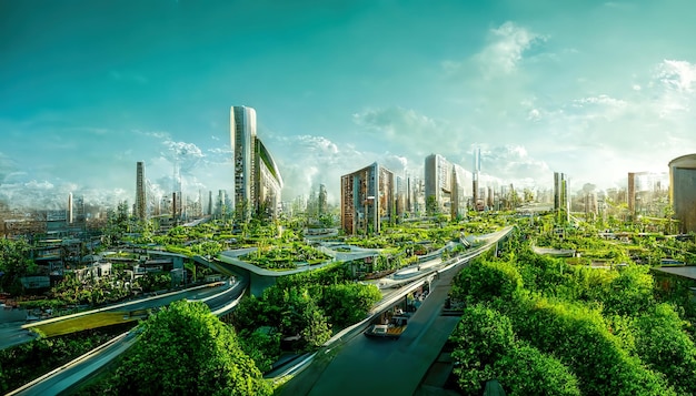 Spectacular digital art 3D illustration futuristic ESG city abundant in trees