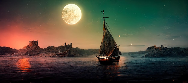 Spectacular digital art 3D illustration of a medieval fantasy sailboat