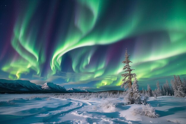 北極光 (Aurora Borealis) と北極光 (Polar Lights) はカナダのユコン領の雪に覆われた冬のタイガの風景上で緑色の巻きと月が氷の霧の後ろに形成される