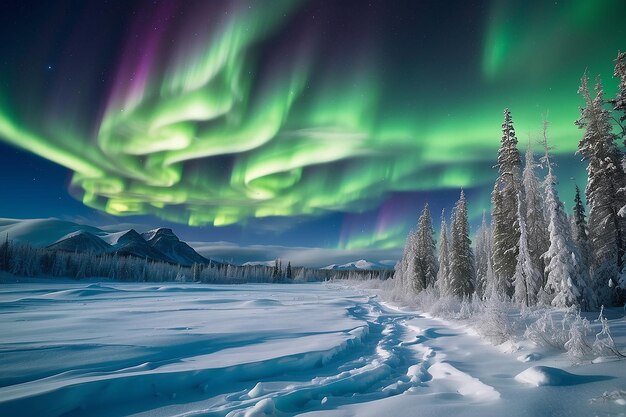 北極光 (Aurora Borealis) と北極光 (Polar Lights) はカナダのユコン領の雪に覆われた冬のタイガの風景上で緑色の巻きと月が氷の霧の後ろに形成される