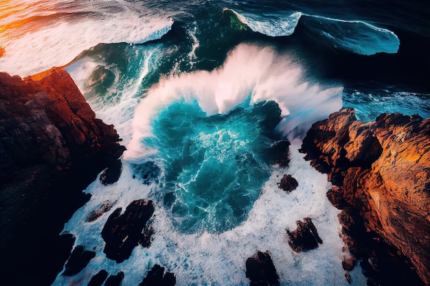 해질녘 청록색 바다와 바위 절벽이 있는 해안 풍경의 멋진 드론 사진
