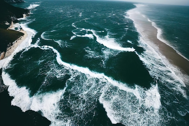 Spectacular drone photo of seascape ocean wave crashing rocky cliff with sunset