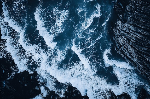 壮大なドローン写真の海景の海の波が岩の崖を砕く様子を上から見る