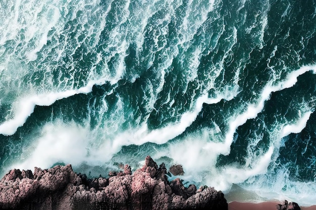 Впечатляющая фотография с дрона, вид сверху на морскую волну, разбивающуюся о скалистую скалу