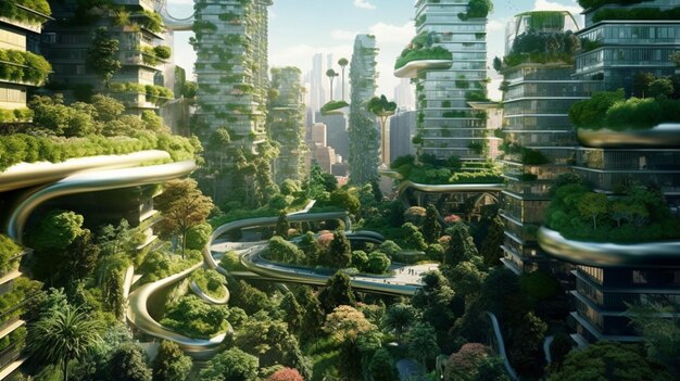 Spectacular ecofuturistic cityscape full with greenery skyscrapers parks