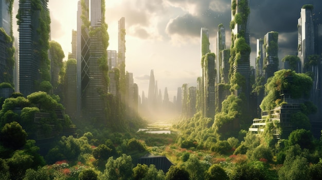 Spectacular EcoFuturistic Cityscape with Lush Greenery