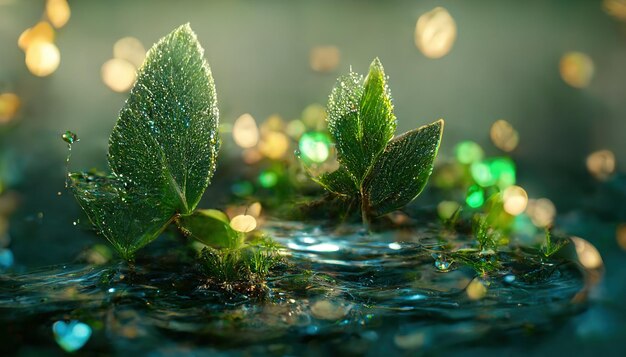Photo spectacular fantasy green leave floating on water digital 3d illustration