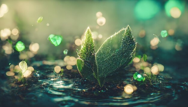 Spectacular fantasy green leave floating on water digital 3d\
illustration