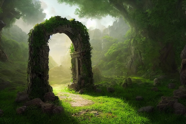 Spectacular fantasy scene with a portal archway cover concept art illustration