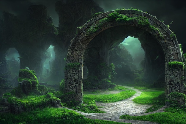 Spectacular fantasy scene with a portal archway cover concept art illustration