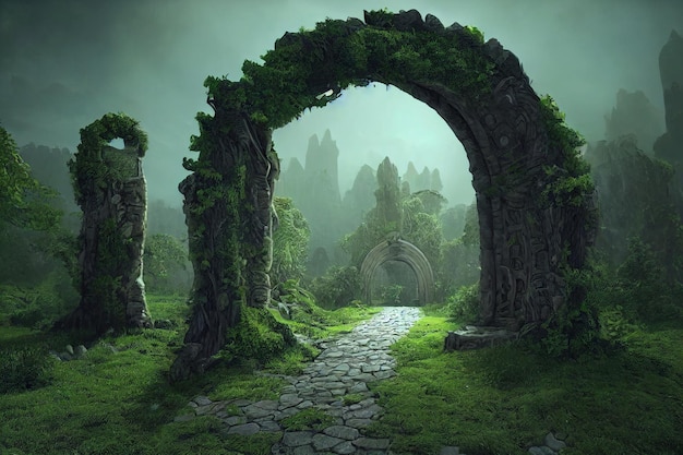 Spectacular fantasy scene with a portal archway cover concept art illustration