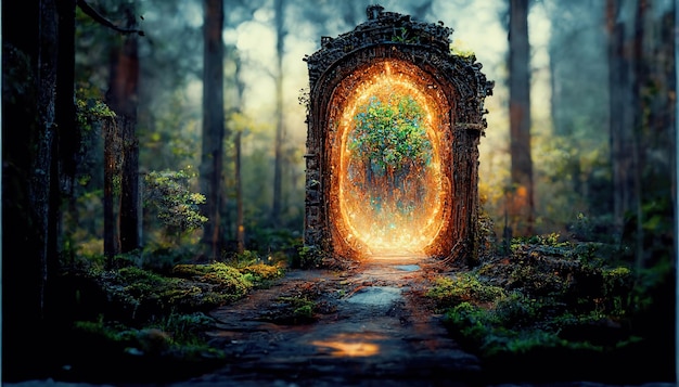 Spectacular fantasy scene with a portal archway covered in creepers In the fantasy world ancient magical stone gate show another dimension Digital art 3D illustration