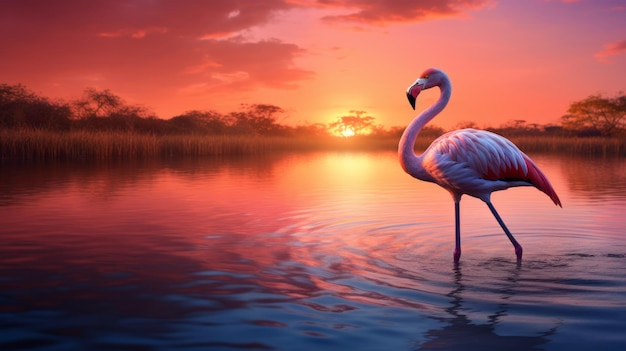 Spectacular Flamingo Wading In River At Sunset