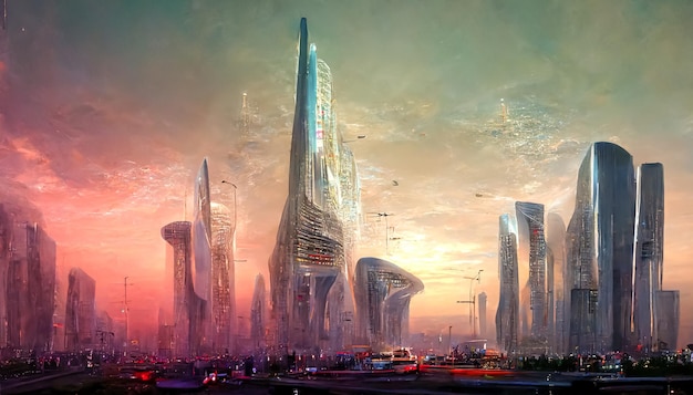 Spectacular futuristic cityscape flying vehicles Digital art 3D illustration