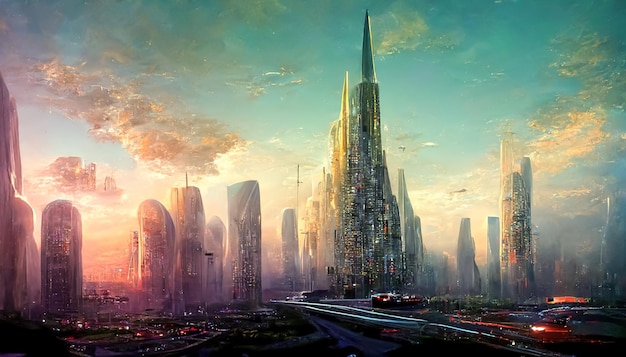 Spectacular futuristic cityscape flying vehicles digital art 3d\
illustration