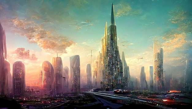 Spectacular futuristic cityscape flying vehicles Digital art 3D illustration