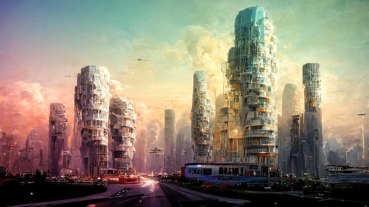 Photo spectacular futuristic cityscape flying vehicles digital art 3d illustration