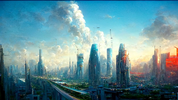 Spectacular futuristic cityscape flying vehicles Digital art 3D illustration