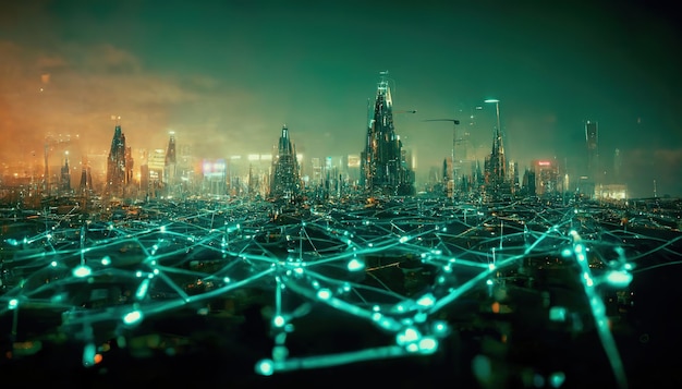Spectacular high-speed internet in futuristic city, digital art\
3d illustration.