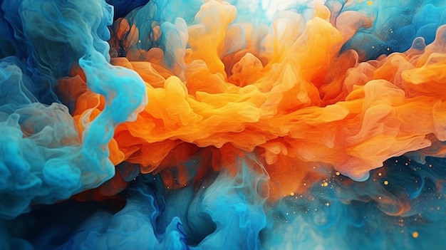 Spectacular image of blue and orange liquid ink churning together with a realistic texture