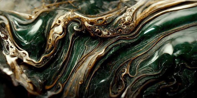 Spectacular image of green and gold liquid ink churning together with a realistic texture and great quality for abstract concept Digital art 3D illustration