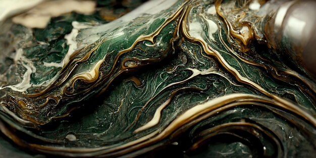 Spectacular image of green and gold liquid ink churning together with a realistic texture and great quality for abstract concept Digital art 3D illustration