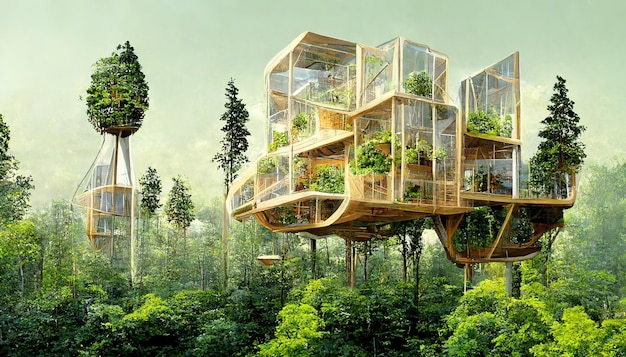 Spectacular image of sustainable tree house Digital art 3D illustration